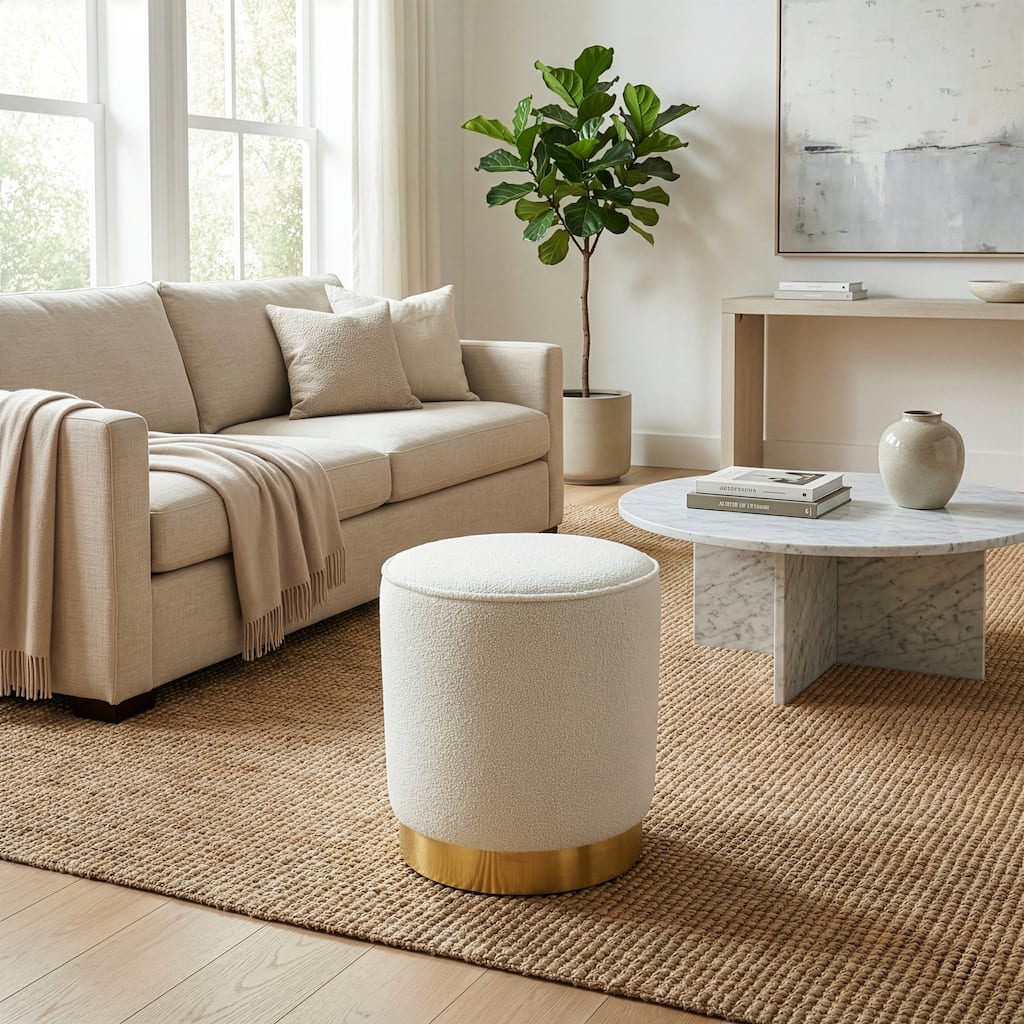 Aysel White Boucle Ottoman with Golden Accent Base