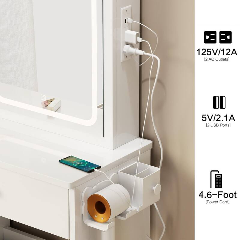 Left Drawer Makeup Vanity with LED Mirror and USB Power Station and Cushioned Stool