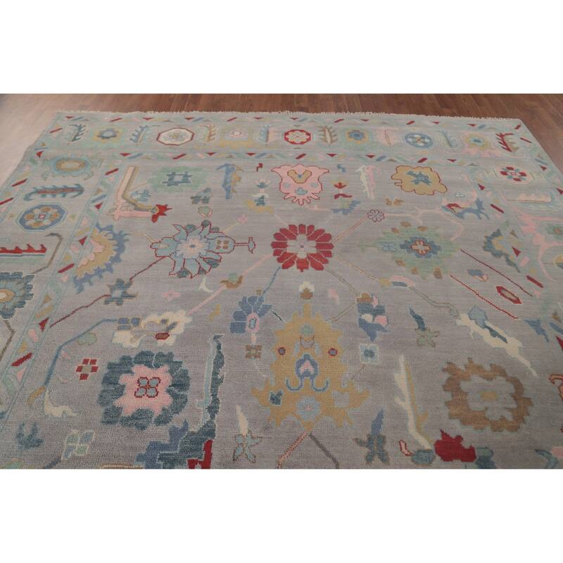 All-Over Gray Oushak Oriental Area Rug Hand-Knotted Wool Carpet - 9'0" x 11'8"