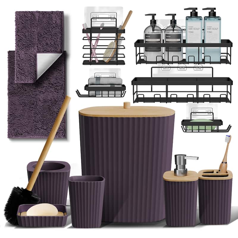 Emperyan Bathroom Accessory Set - Complete Set + Bath Rugs + Shower Caddy - Purple