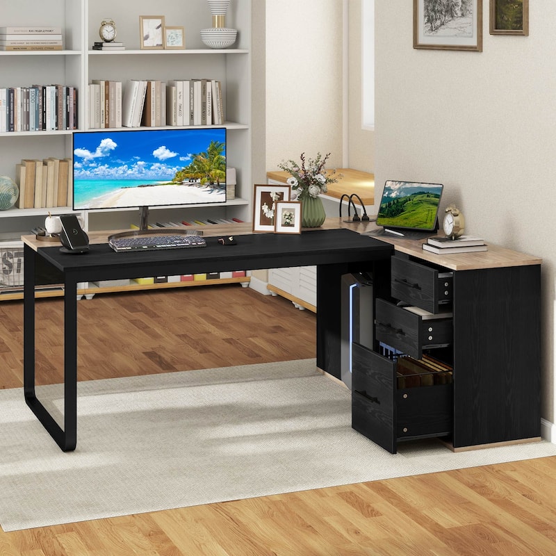 Moasis 71" L Shaped Office Computer Desk with Drawers and File Cabinet - Black/Grey