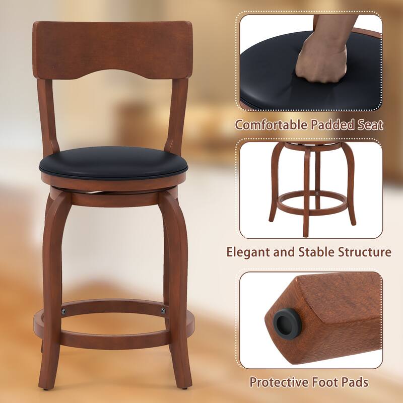 Gymax 24'' Swivel Bar Stools Set of 2 w/ Rubber Wood Frame Upholstered