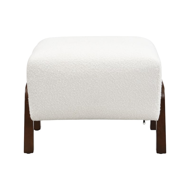 Boucle Upholstered Ottoman with Wooden Legs - White Versatile Home Accent