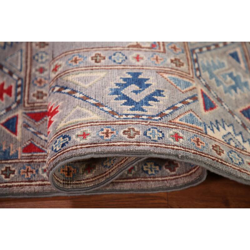 Geometric Kazak Oriental Accent Rug Hand-Knotted Grey Wool Carpet - 2'7"x 4'1"