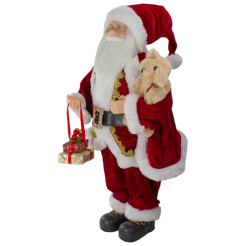 18" Standing Santa with a Plush Brown Bear Christmas Figure Decoration