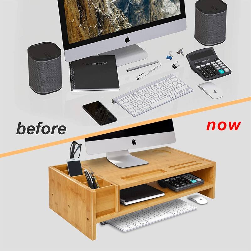 Wood Computer Monitor Stand Desktop Organizer with Drawer