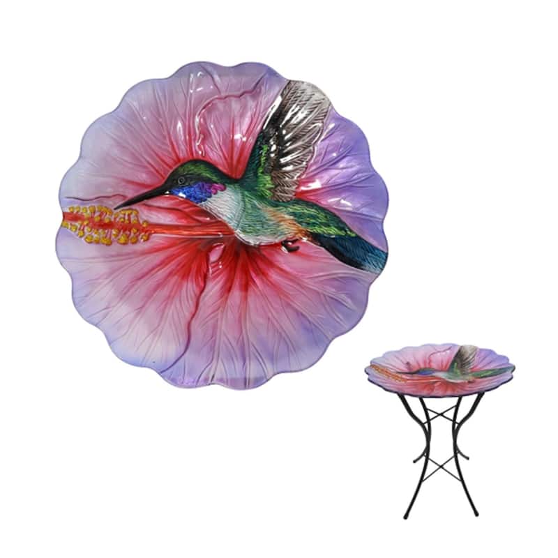 18" Glass Bowl Hummingbird Birdbath with Metal Stand "Rhode Island" - Multi
