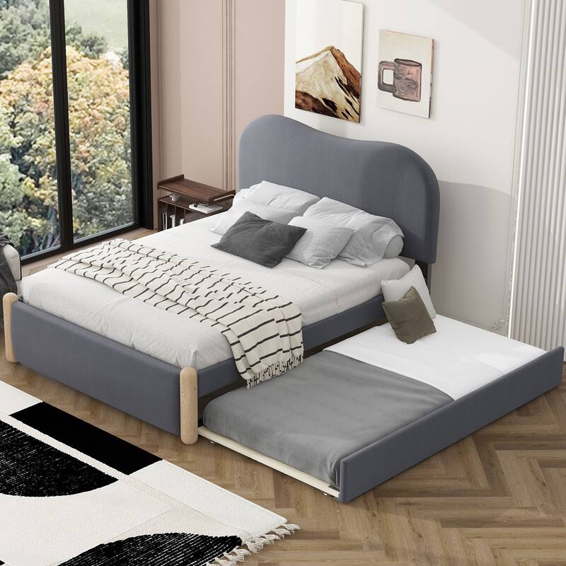 Nestfair Full Size Upholstered Platform Bed with Wood Supporting Feet and Twin Size Trundle
