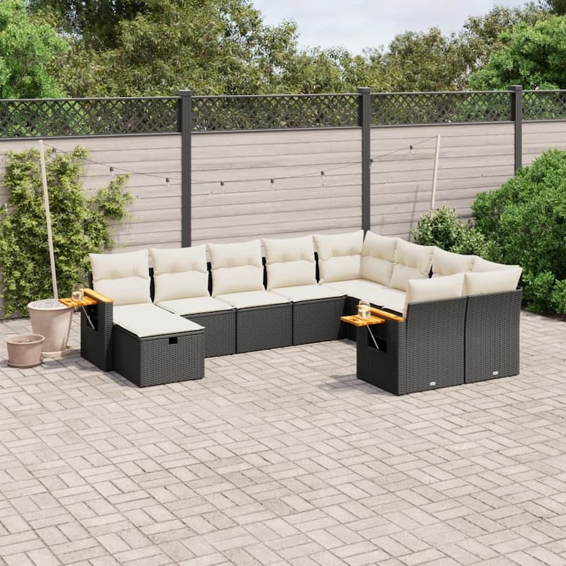 vidaXL Patio Sofa Set with Cushions Outdoor Furniture 10 Piece Poly Rattan - 24.4 x 33.5 x 27.2 in - Black and cream