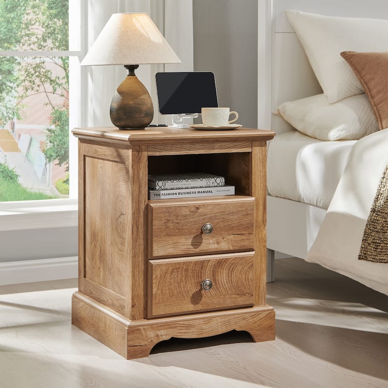 Vintage Wood Nightstand with Charging Station, End Table, Side Table