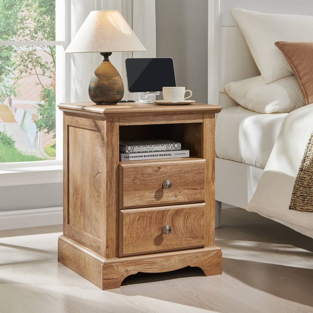 Vintage Wood Nightstand with Charging Station, End Table, Side Table