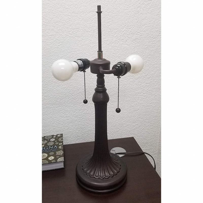 Dark Brown Metal Two-Light Table Lamp with Black White Glass Shade - 12” x 21” x 23” (D x W x H)