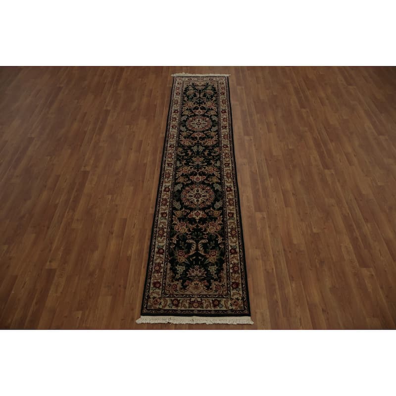 Hand Knotted Oriental Wool & Silk Carpet Traditional Floral Green Kashan Runner Rug - 10' 1'' X 2' 3''