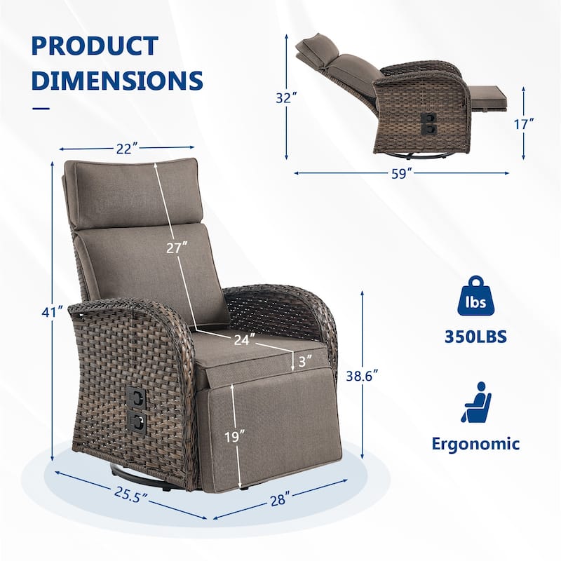 Meyreso 2-Piece Wicker Swivel Reclining Chaise Lounge with Adjustable Backrest & Footrest