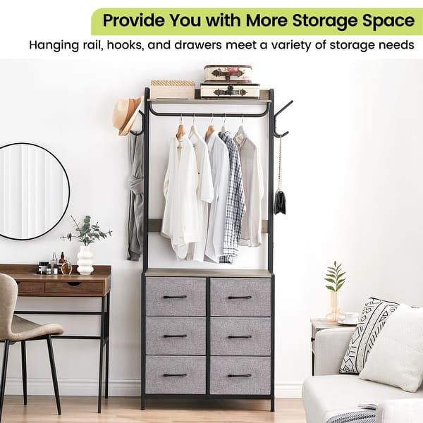 mini dresser for closet Dresser with Hanging Rack, 4 Drawers Small Closet for Bedroom, Reversible Fabric Chest of Drawers with Clothes Rack, Tall Storage Tower, Sturdy Frame, White, 44''H