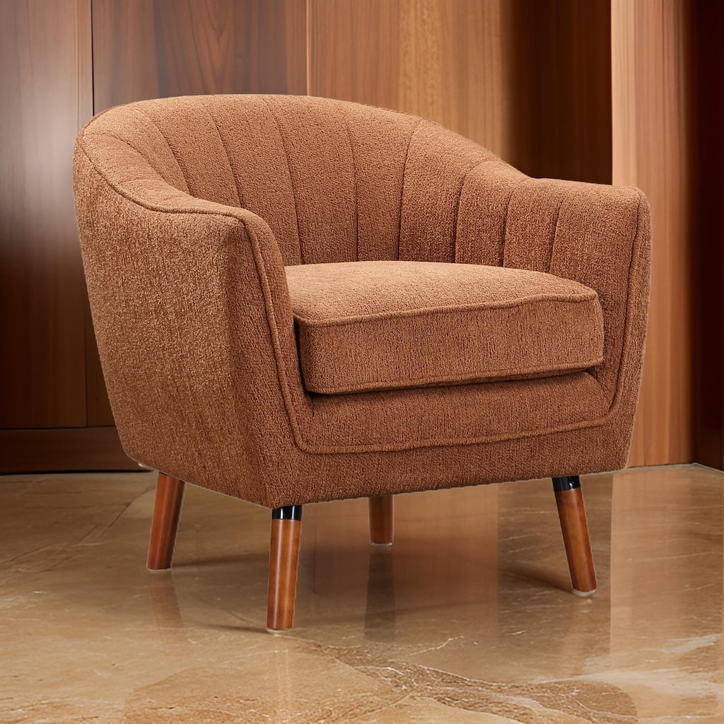 Tia 31 Inch Plush Accent Chair Armchair, Rust Polyester, Brown Solid Wood