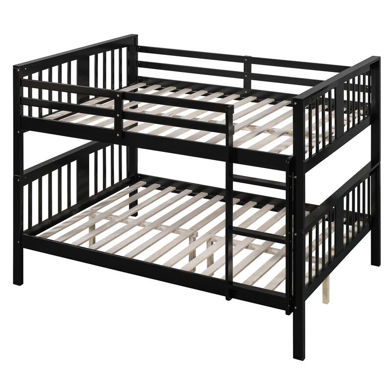 Full over Full Bunk Bed with Ladder, Espresso, No Box Spring Needed, Solid Pine Wood Construction