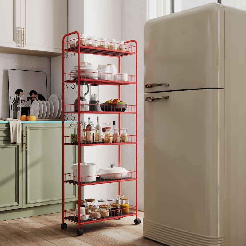 Red 6 Tier Slim Rolling Storage Cart, Mobile Shelving Unit with Wheels, Metal Wire Storage Shelving Rack with Baskets