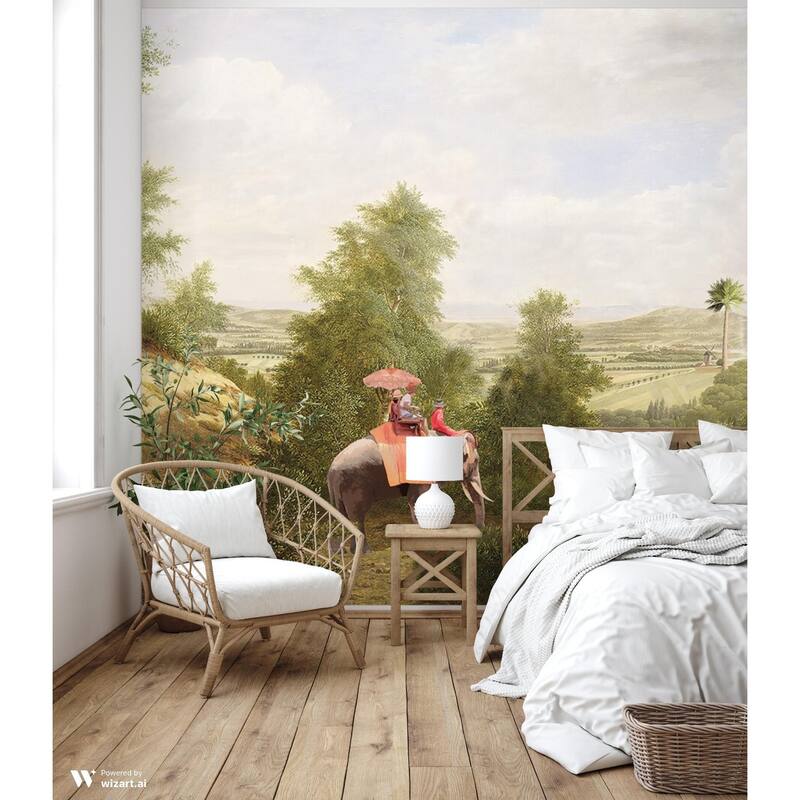 Vintage Scenic Wallpaper Mural with Elephant Ride and Serene Countryside Landscape
