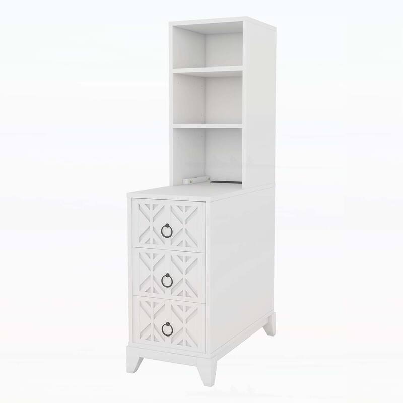 Elegant X-Carved End Table with 3 Drawers,2 Open Shelves,and Charging Station for Modern Bedrooms and Corners - White