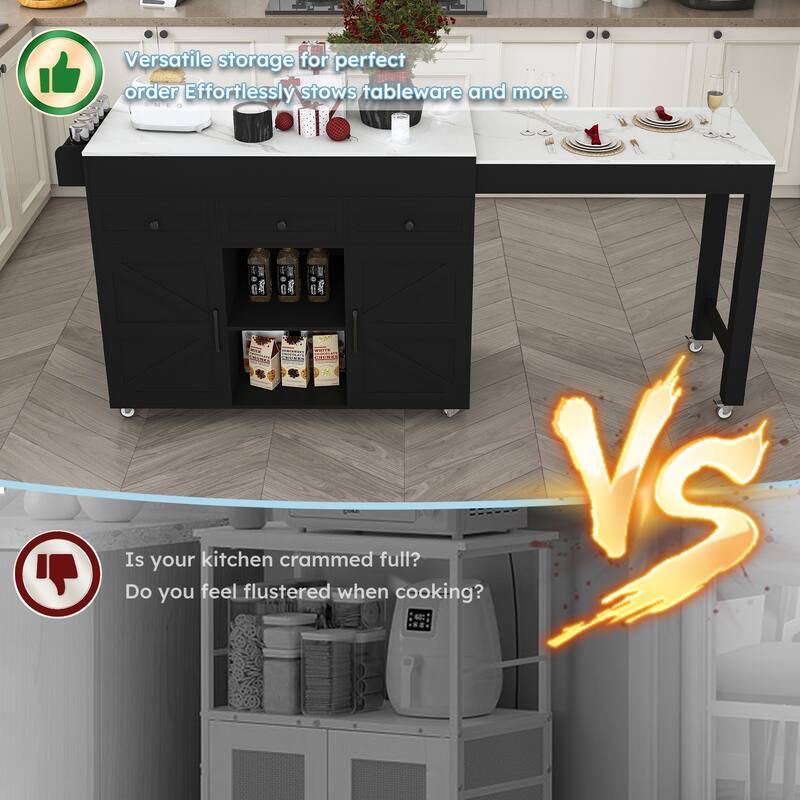 75" Kitchen Island with Extendable Table & Power Outlet - Rolling Storage Cart with Marble Top & Cabinet for Dining Room