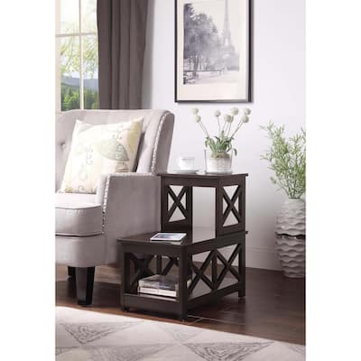 2 Step Chairside End Table with L Shaped Frame and X Side Panels, 3 Tier Storage Accent Side Table for Living Room or Office