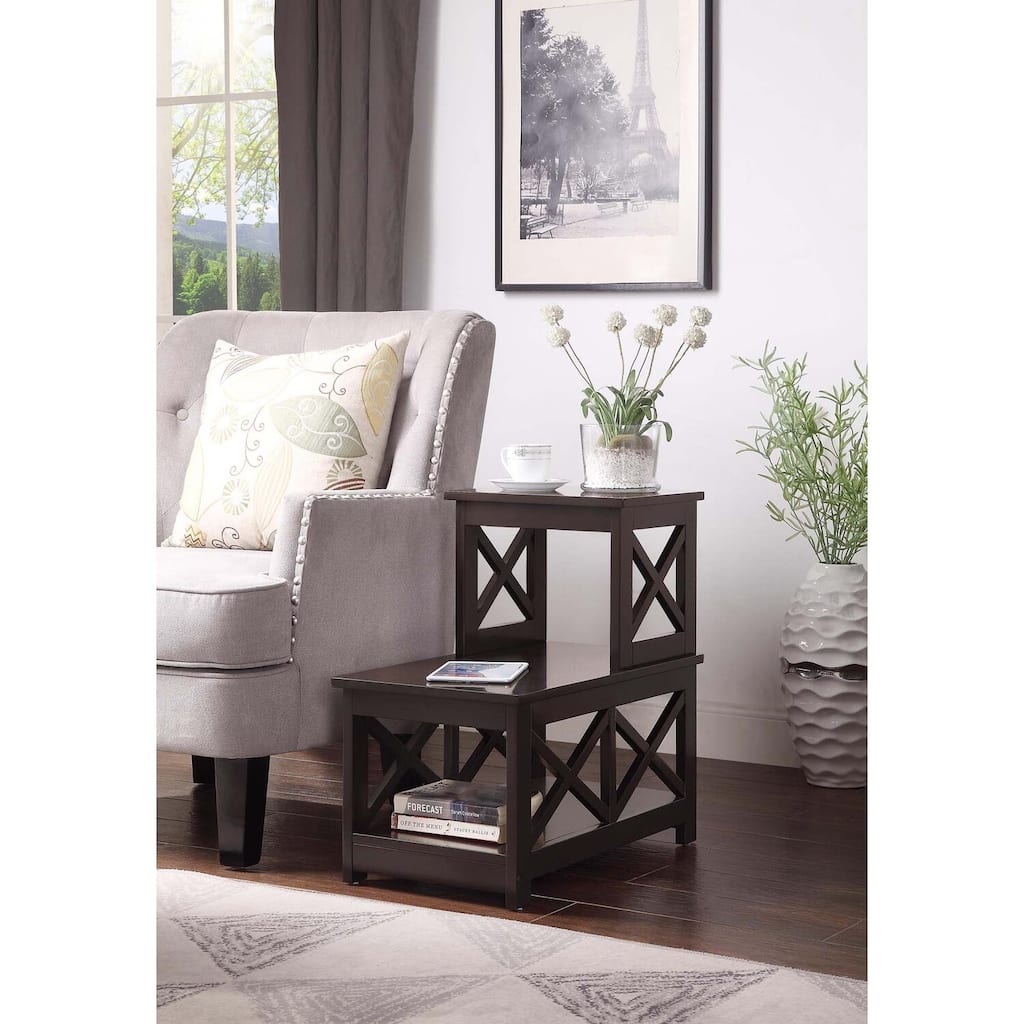 2 Step Chairside End Table with L Shaped Frame and X Side Panels, 3 Tier Storage Accent Side Table for Living Room or Office