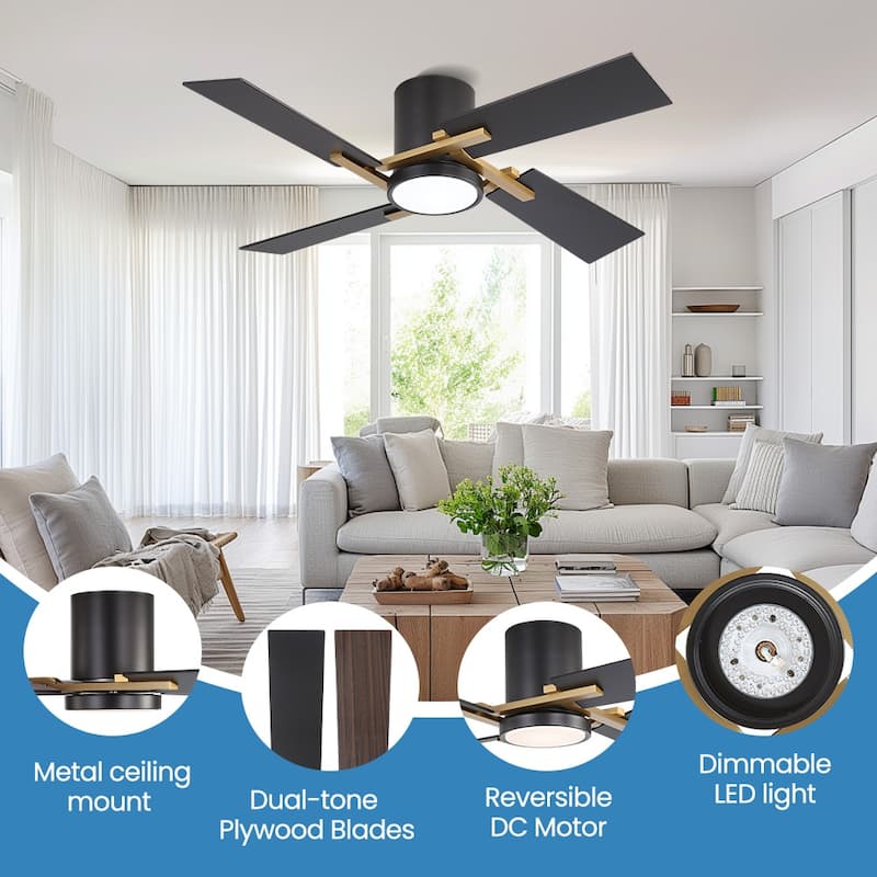 48Inch 4 Two-color Fan Blades Dc Motor Indoor Ceiling Fan With Light Kit And Remote
