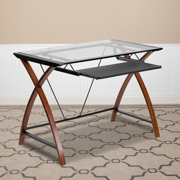 Glass Computer Desk with Pull-Out Keyboard Tray and Crisscross Frame. Opens flyout.