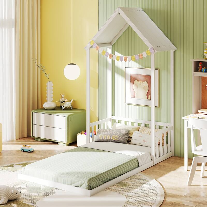Twin Size Wooden Montessori Floor Bed with House Shape Frame and Semi-Fence Railings for Kids Room