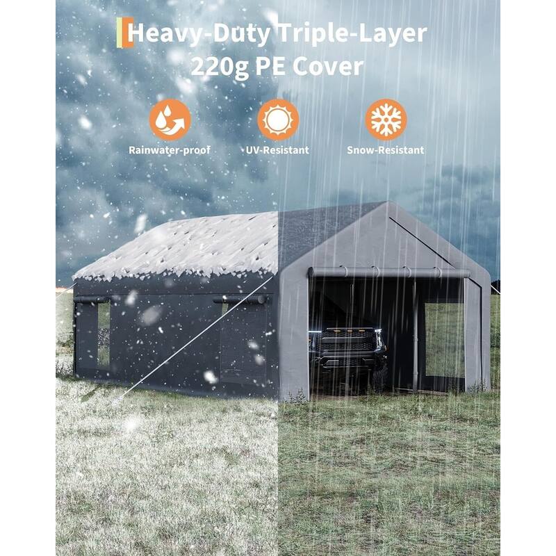 13x25 Ft Carport with 2 Roll-Up Doors, and 4 Windows for Bass Boats, Tractors, and SUVs - 13X25 Ft