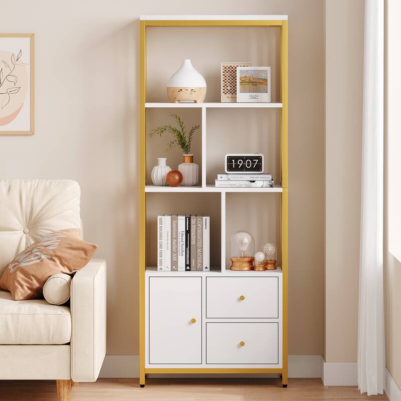 Gold Bookshelf with Drawers Modern Bookcase Storage Rack