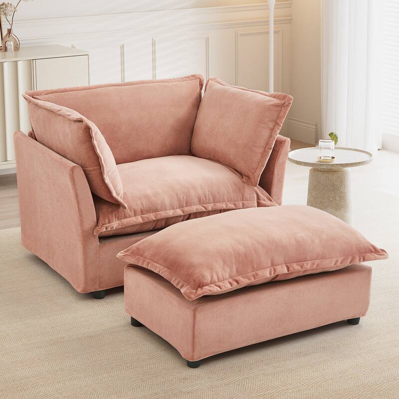 Modern Armchair Sofa 47" Cozy Upholstered Sofa Chair with Movable Ottoman, Curved Armrests and Soft Pillows for Living Room - Pink