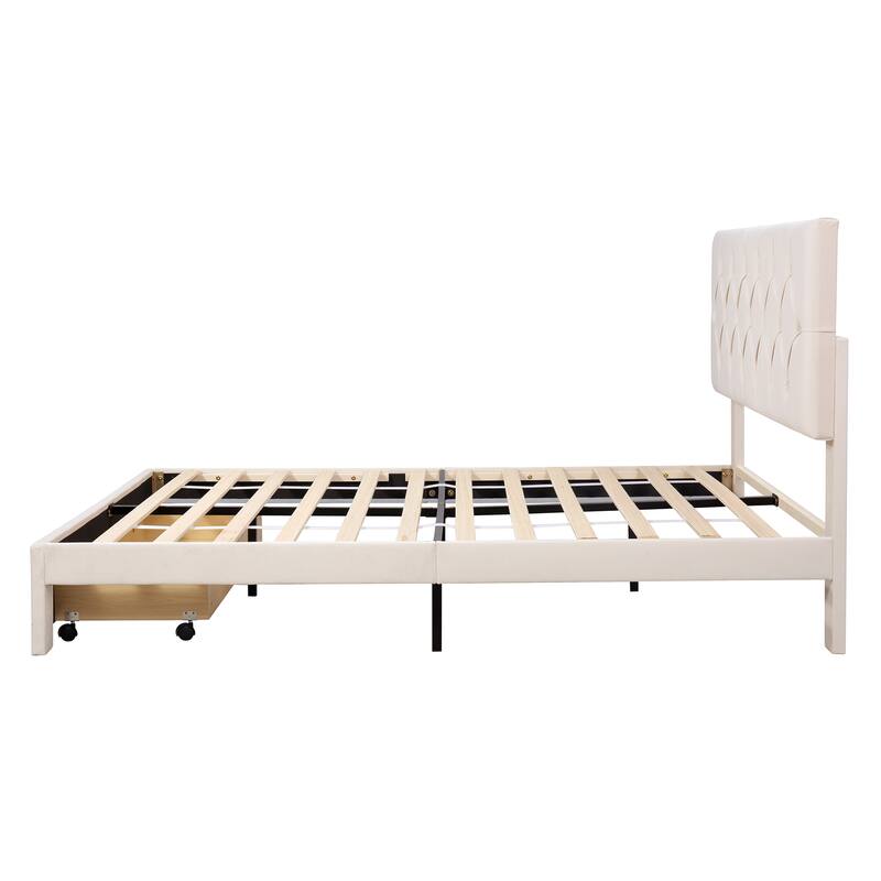 Storage Bed Velvet Upholstered Platform Bed with a Big Drawer