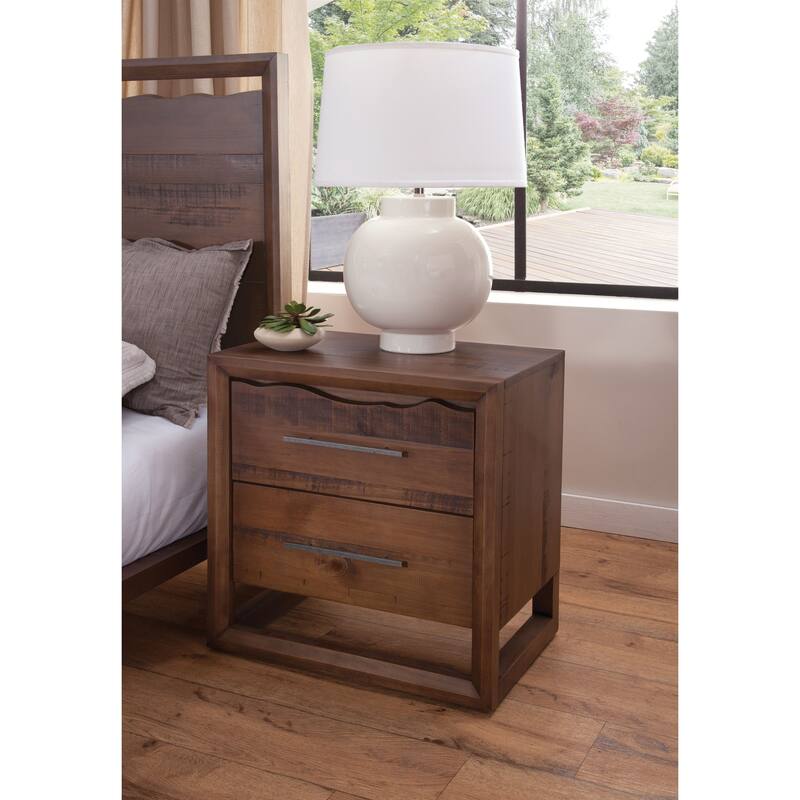 Brown Solid Pine Nightstand with 2 Drawers and Mocha Finish
