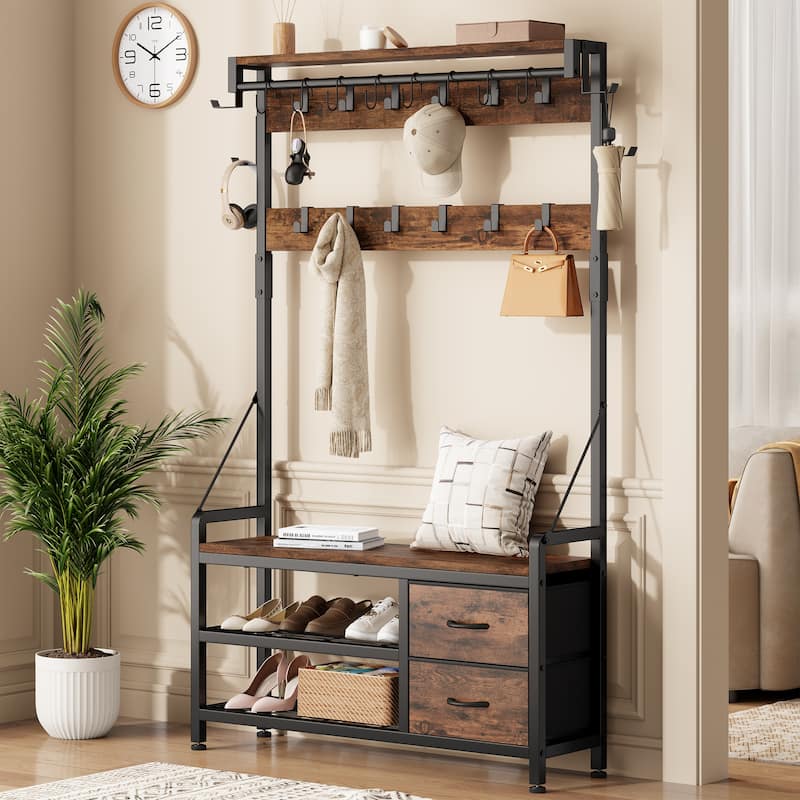 6-in-1 39.4"Hall Tree with Bench Entryway Shoe Rack w/24 Hooks & 2 Drawers - Brown