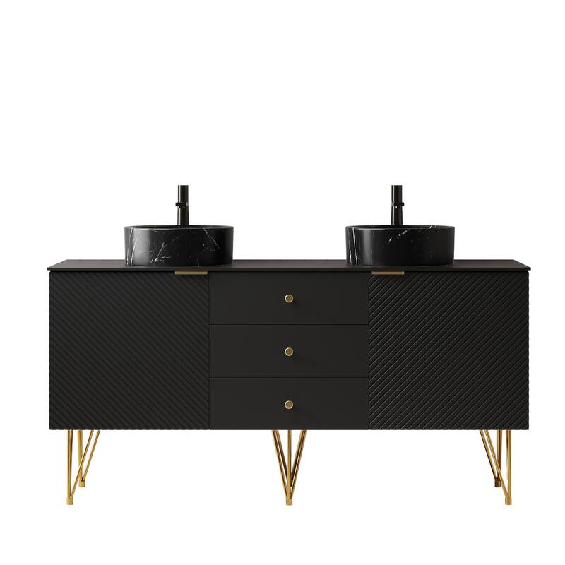 GDFStudio - Gema 60" Freestanding Bathroom Vanity with Double Stone Pattern Ceramic Vessel Sinks & Sintered Stone Countertop