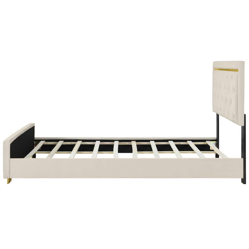 HomeRoots Beige Tufted Velvet Upholstered Queen Bed Frame