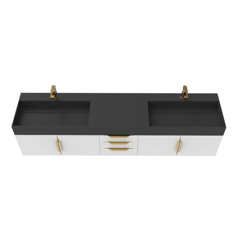 Amazon 84" Wall Mounted Double Bathroom Vanity Set w/ Black Top