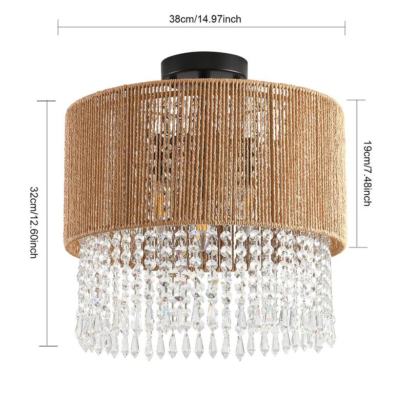 3 - Light Bohemian Rattan & Crystal Semi - Flush Mount Chandelier