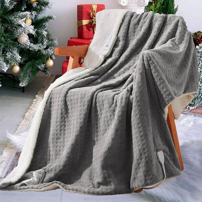 Waffle Soft Flannel & Sherpa Heated Throw Electric Blanket, Grey - 72*84 inch