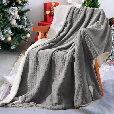 Waffle Soft Flannel & Sherpa Heated Throw Electric Blanket, Grey