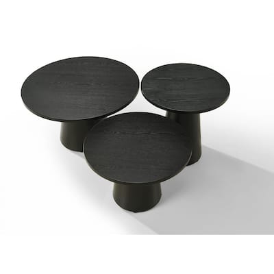 Bili 3pc Round Coffee, End and Console Table Set, Ebony Black Wood