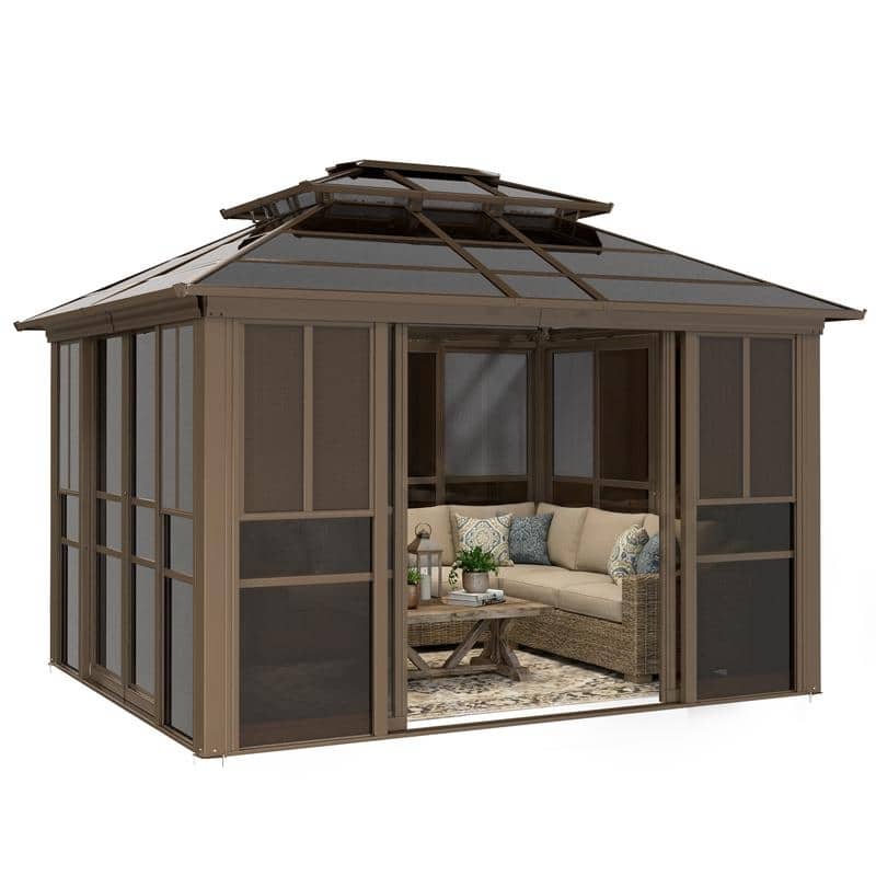 EROMMY Sunroom Gazebo with Double Roof, Adjustable Windows & Lockable Sliding Doors for Patio, Garden, and Backyard