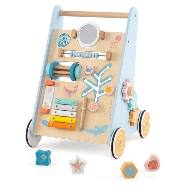 slide 2 of 10, Gymax Wooden Baby Walker Sit to Stand Walker w/ Wheels Push & Pull Blue