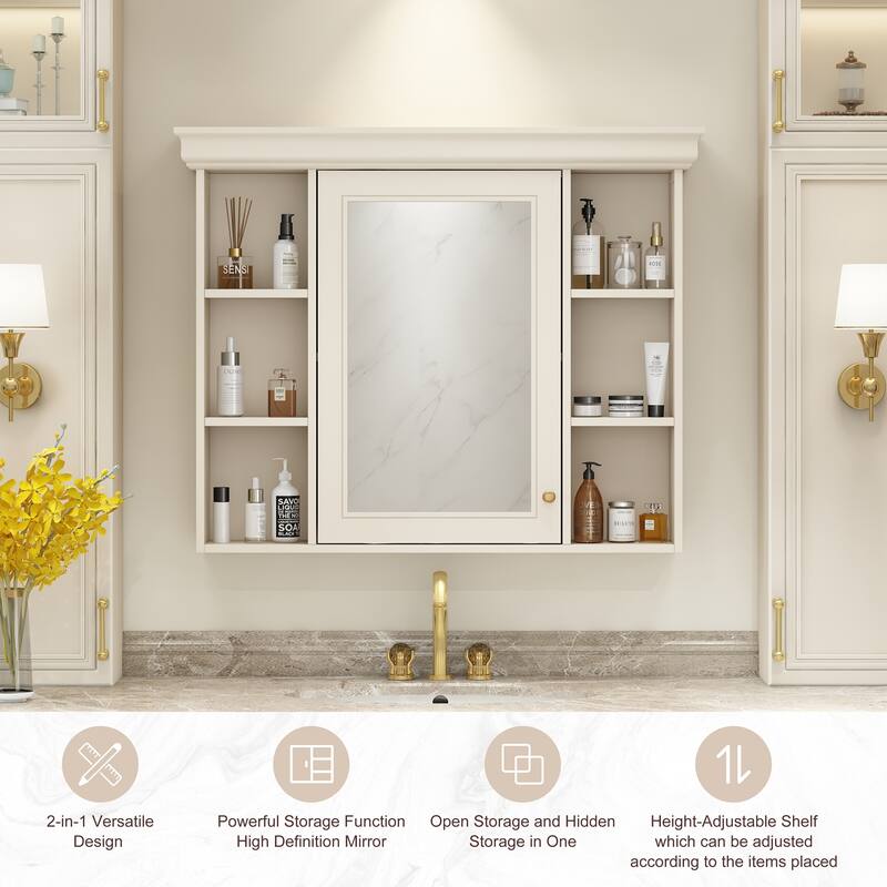 GDFStudio - Valence Modern Wall-Mounted Bathroom Storage Cabinet with Mirror and Open Shelves - 35'' x 28''