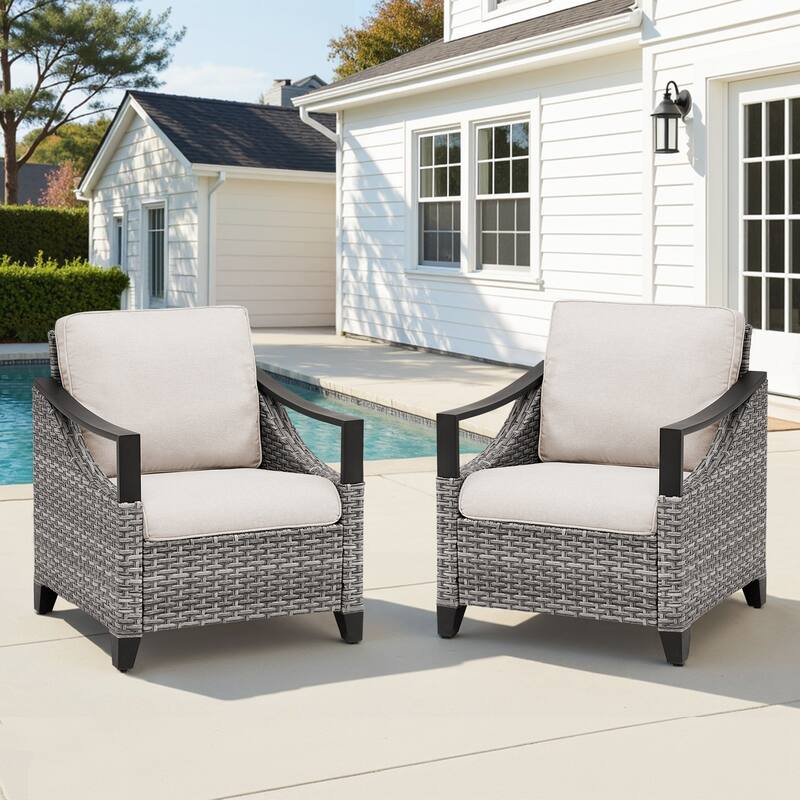 Pocassy Outdoor Sofa Swivel Patio Chair Table with Ottoman Set - Gray Wicker Beige Cushion - 2-Piece Patio Chair with Thick Cushions