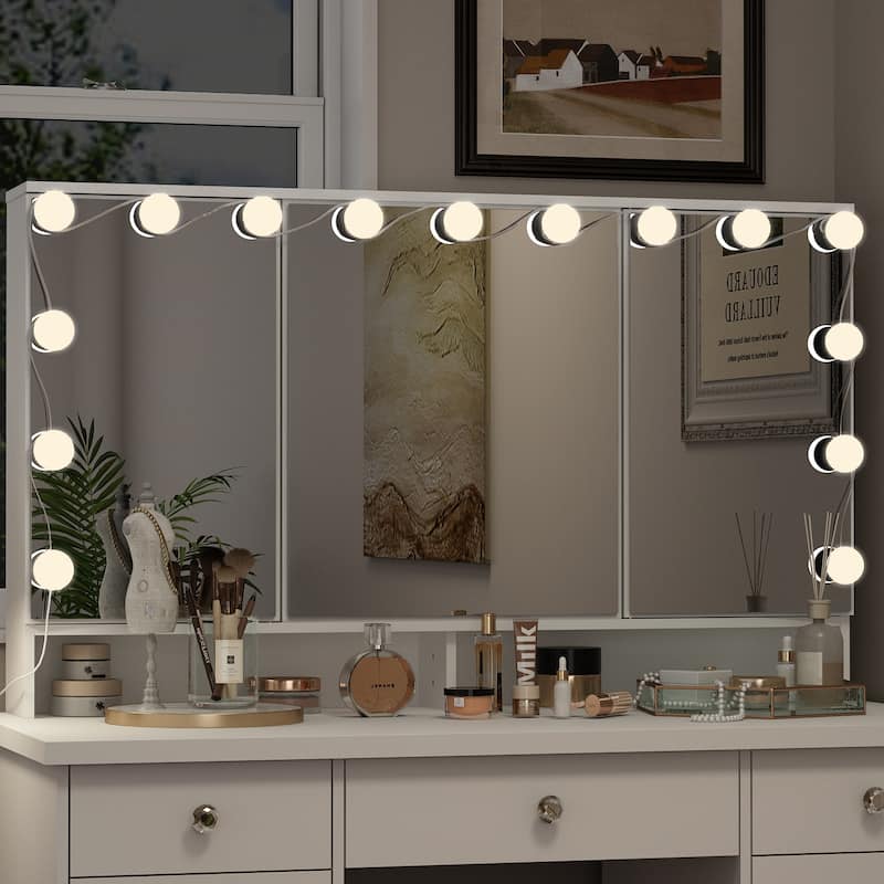 White Makeup Vanity - LED Mirror, USB-Powered Lights, Dresser Table