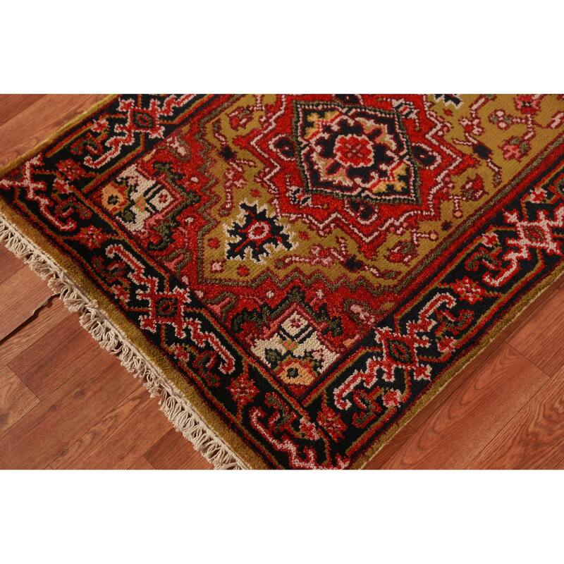 Hand Knotted Oriental 100% Wool Carpet Traditional Geometric Yellow & Gold Heriz (serapi) Runner Rug - 7' 11'' X 2' 7''