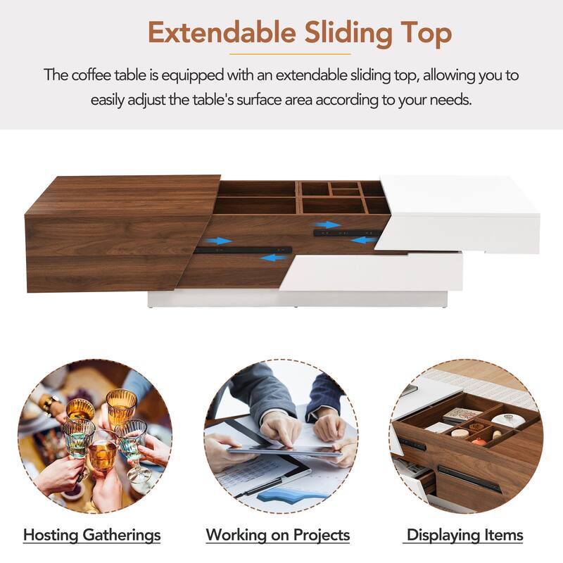 Modern Extendable Sliding Top Coffee Table with Hidden Storage and Drawers